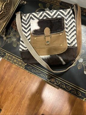 Myra Stylish Chevron Crossbody Shoulder Bag with Leather fur Trim -
